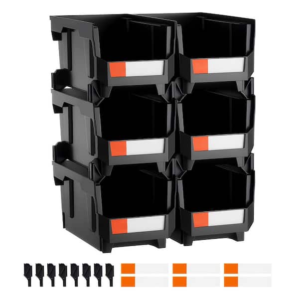 Plastic Stackable Storage Bins, 14.8 x 8.5 x 7.1 in. (6 Pack), Black Plastic Containers and Storage Bins for Closet