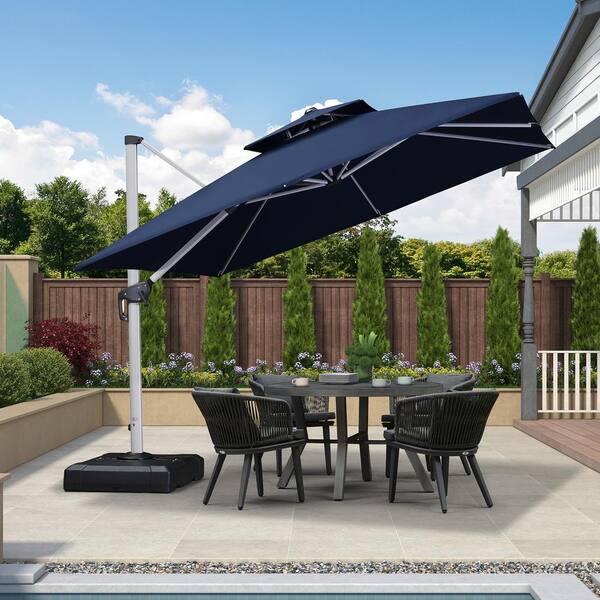 PURPLE LEAF 10 ft. Square High-Quality Aluminum Cantilever Polyester Outdoor Patio Umbrella with Base, Navy Blue