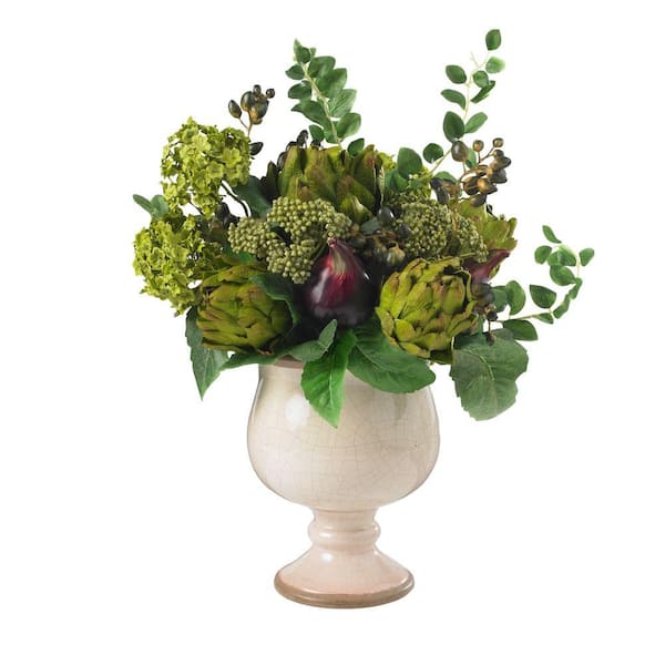 Nearly Natural 15 in. Artificial H Green Artichoke and Hydrangea Silk Flower Arrangement