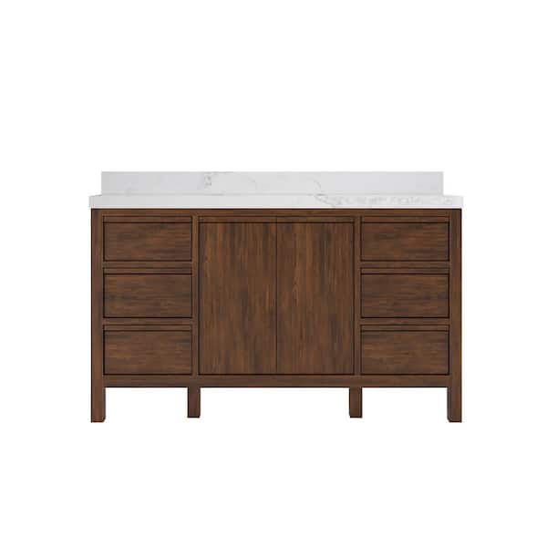 Willow Collections Elizabeth Teak 60 in. W x 22 in. D x 36 in. H Single Sink Bath Vanity in Dark Walnut with 2 in. Calacatta Nuvo Qt. Top