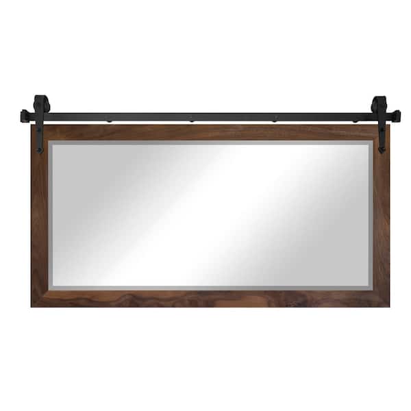 (66 in. W x 32 in. H) Walnut Hardwood Beveled Mirror With Steel Barndoor Rail