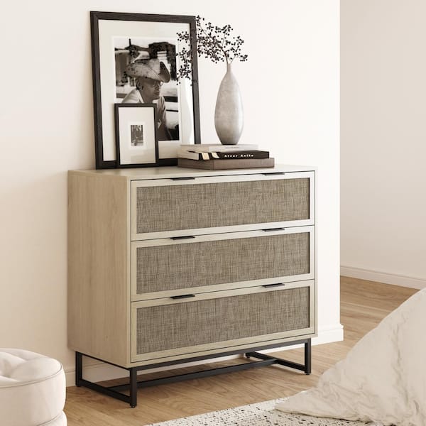 Nathan James Kova 3 Drawer 37 in. W Bohemian Dresser Storage Cabinet with Rattan Accent and Metal Legs, Light Oak/Black