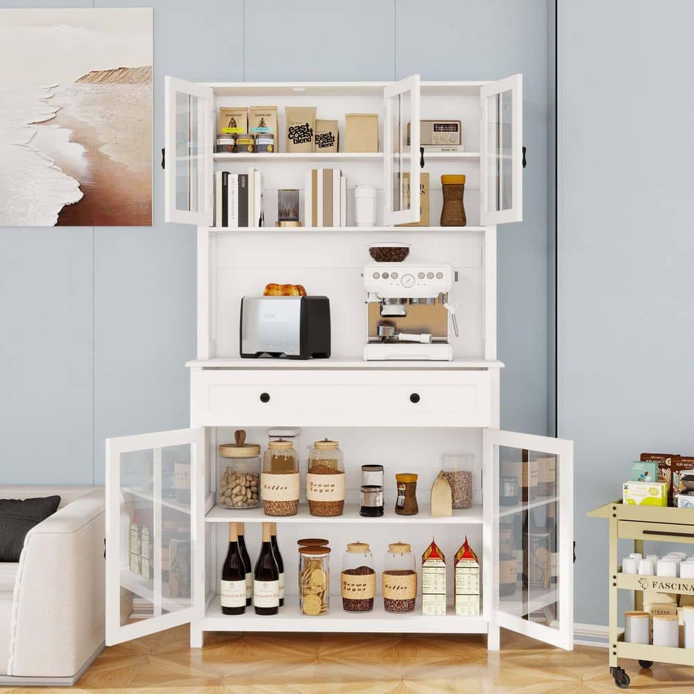 5 Glass Door Kitchen Pantry Cabinet with Spacious Countertop and Adjustable