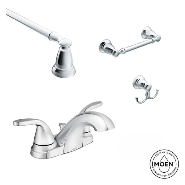 MOEN Adler 4 in. Centerset 2-Handle Bath Faucet Combo Kit with 18 in. Towel Bar Bath Hardware Set in Polished Chrome