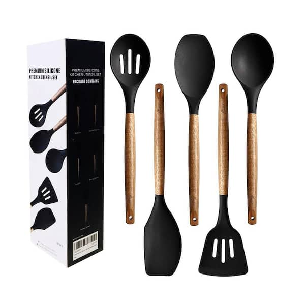 5-Piece Natural Acacia Wood Handle Silicone Non-Stick Cooking Utensil Set Heat Resistant Kitchen Accessory Set