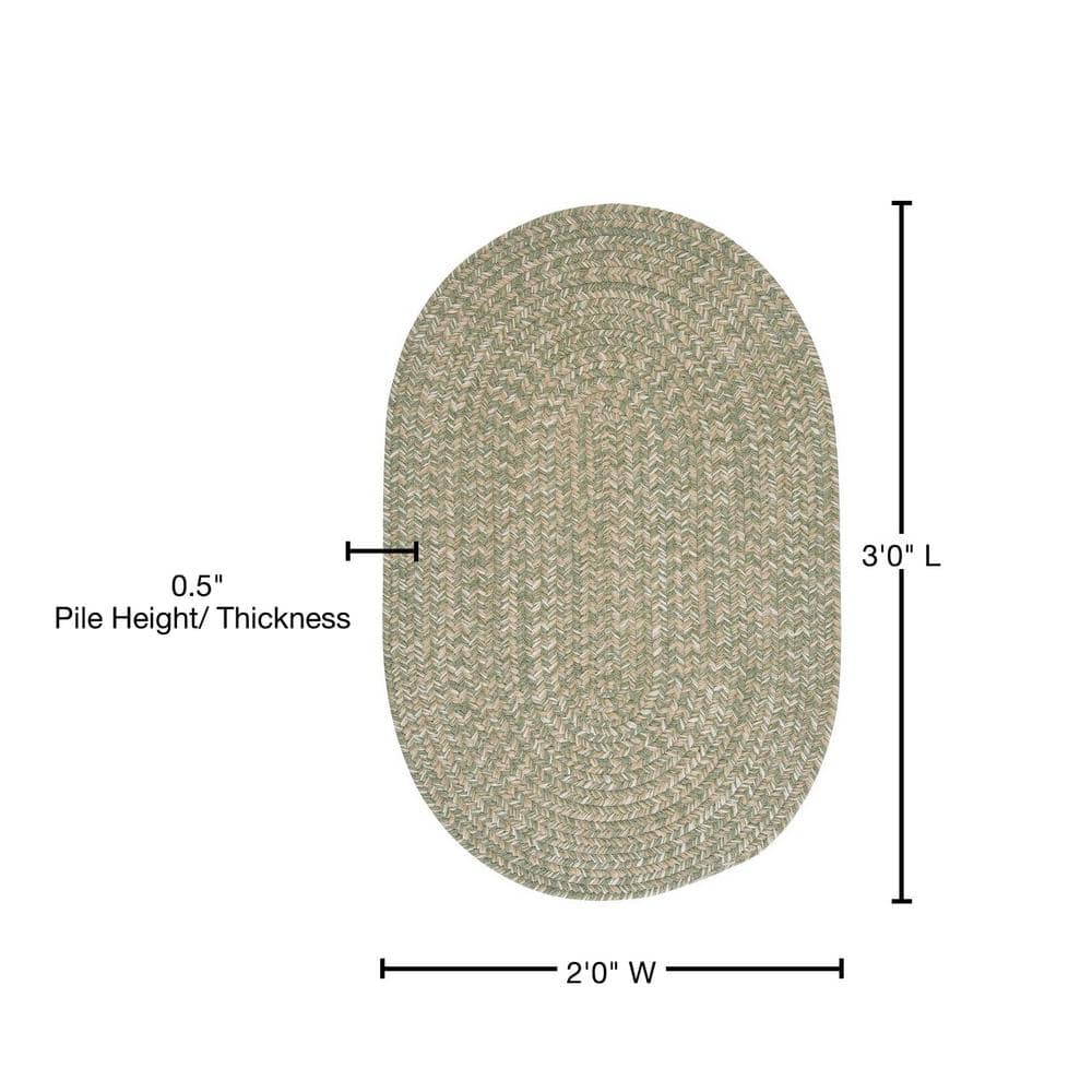 Green and White Oval Braided Wool Blend Area Rug 2' x 3'