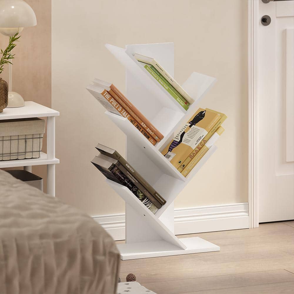 White Composite Wood 5-Tier Tree Bookshelf