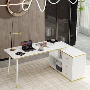 55.1 in. Width L-Shaped White & Golden Wooden 3-Drawer Computer Desk, Writing Desk with 2 Open Shelves