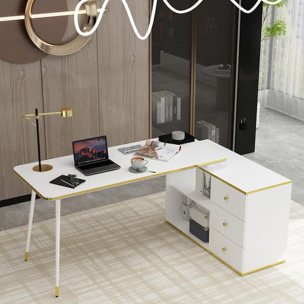 FUFU&GAGA 55.1 in. Width L-Shaped White & Golden Wooden 3-Drawer Computer Desk, Writing Desk with 2 Open Shelves