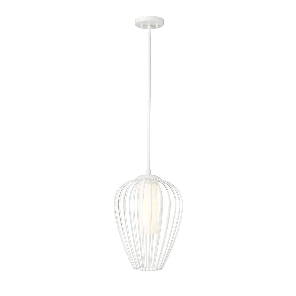 Savanti 12 in. 1-Light Textured White Shaded Pendant Light with White Opal 