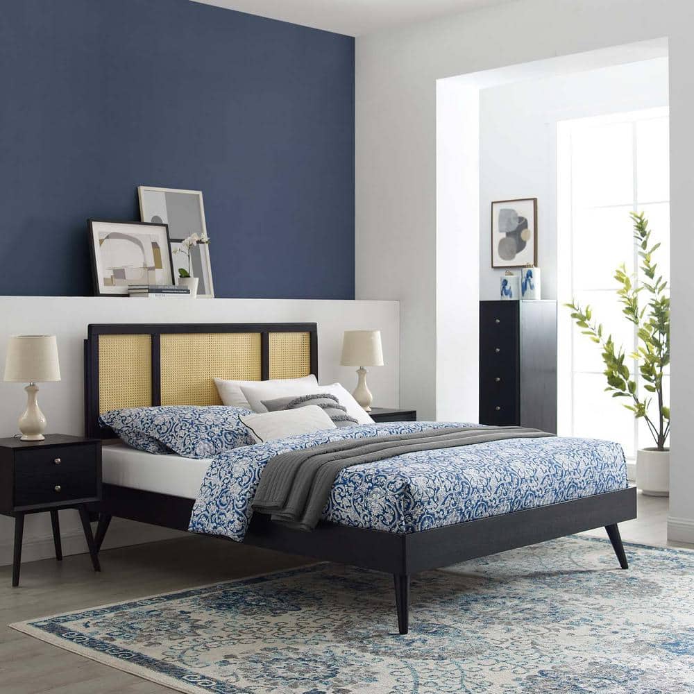 King Size Black Upholstered Wood Frame Bed with Tufted Headboard