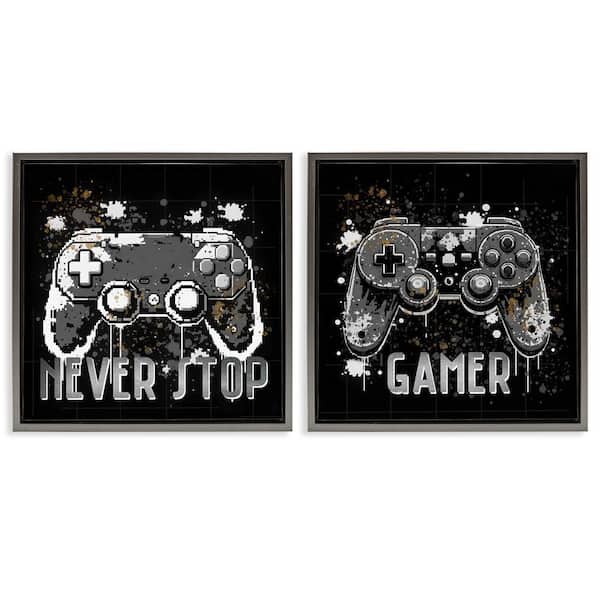 Never Stop Modern Gamer by Kim Allen 2-Pieces Gray Floater Frame Typography Graphic Art Print 25 in. x 25 in.