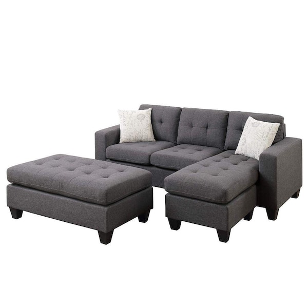 Benjara 60 in. Gray Fabric All In One Sectional with Ottoman and 2-Pillows