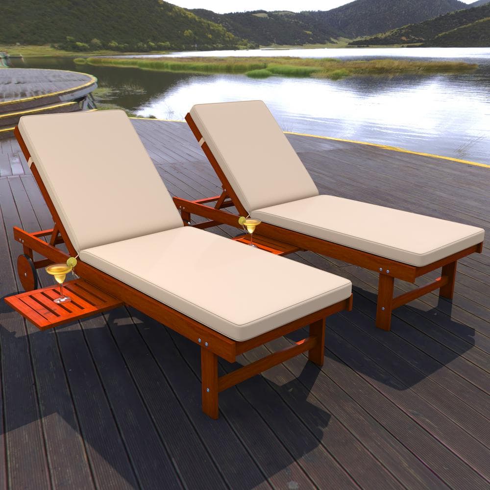 Seabrook 69" Acacia Wood Outdoor Lounger with Cream Cushion and Slide Table