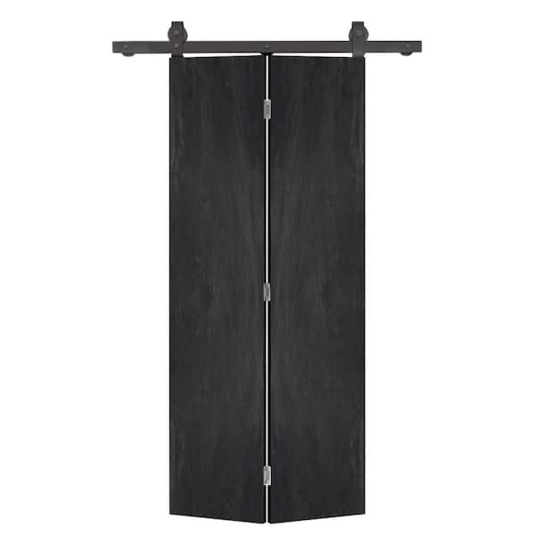36 in. x 80 in. Black Stained MDF Composite Hollow Core Bi-Fold Barn Door with Sliding Hardware Kit