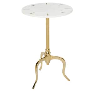 18 in. White Large Round Marble End Accent Table with Marble Top with Gold Inlay