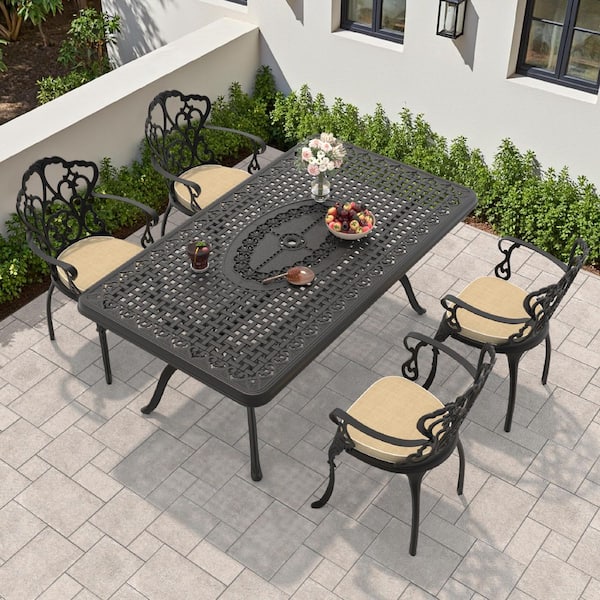 Lily Black 5-Piece Cast Aluminum Outdoor Dining Set with Rectangle Table and Dining Chairs with Off-white Cushion
