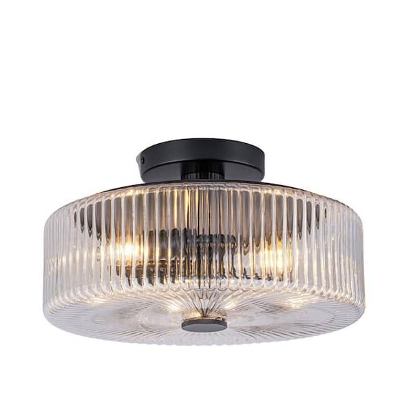 Kosyee 14 in. 3-Light Drum Matte Black Modern Semi-Flush Mount with Ribbed Glass for Kitchen Foyer Dining Room