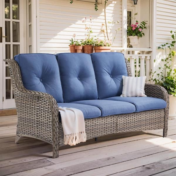 Bellefurn WellCane 3-Seat Gray Wicker Outdoor Couch Patio Sofa with High Curvy Back, and Thick Blue Cushions