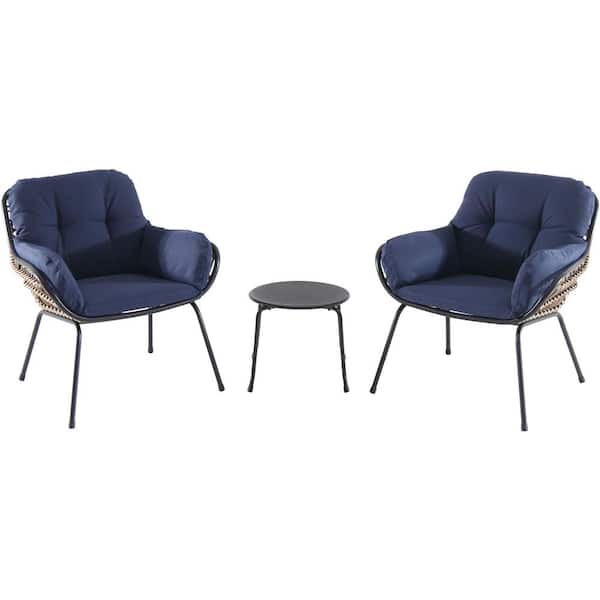 Hanover Naya 3-Piece Wicker Conversation Set with Navy Blue Cushions