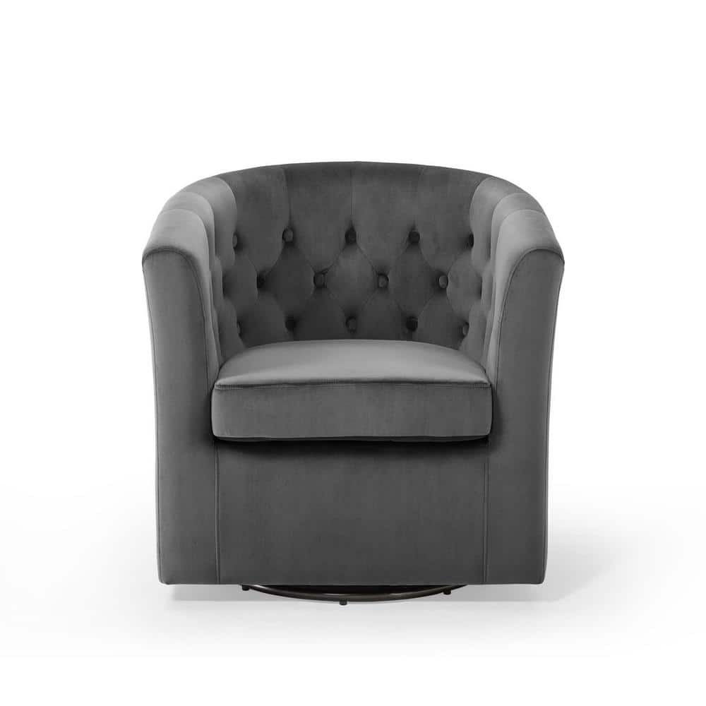 Charcoal Velvet Barrel Swivel Accent Chair with Tufted Accents