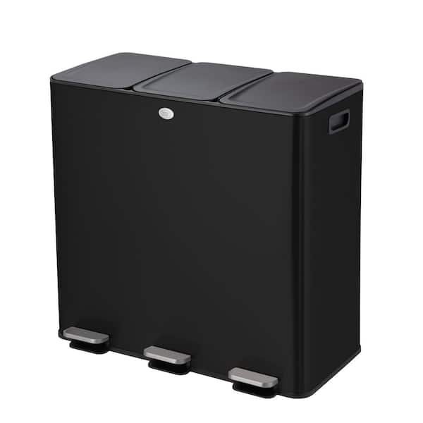 8 Gal. Triple Compartment Stainless Steel Kitchen Trash Can with Soft-Close Lids and Step Pedals, Black, 24 Gal. Total