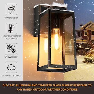 14 in. Black Dusk to Dawn Outdoor Hardwired Wall Lantern Scone with No Bulbs Included and 2 Built-In GFCI Outlets