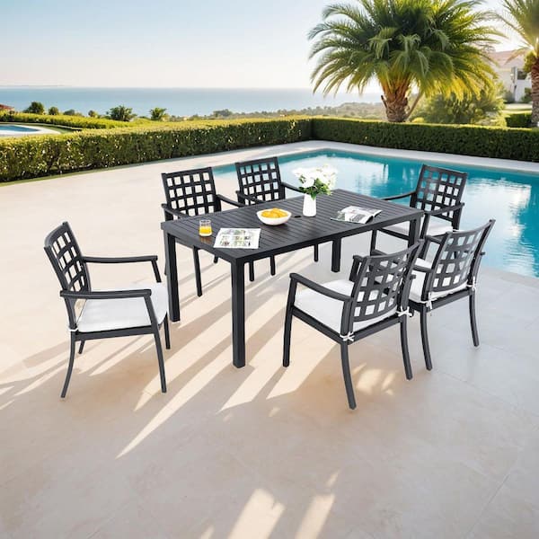 7-Piece Aluminum Patio Outdoor Dining Set with 6 Stationary Chairs and Sunbrella Cushions