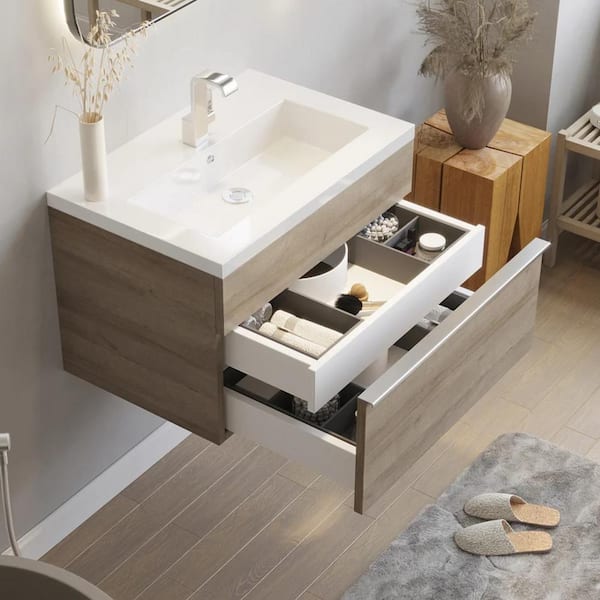 Trough 24 in. W x 16 in. D x 15 in. H Single Sink Wall Bath Vanity in Organic with Cultured Marble Top in White in White