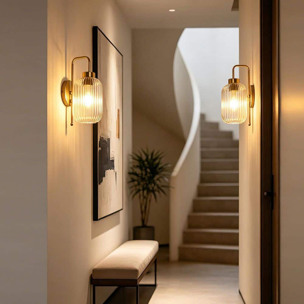8.5 in. 1-Light Deep Gold Wall Sconces with Clear Ribbed Cylinder Glass Shade E26 Indoor Wall Light Fixture 2-Pack price history on PriceWatchPro
