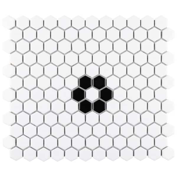 Merola Tile Metro 1 in. Hex Glossy White with Single Flower 6 in. x 6 in. Porcelain Mosaic Take Home Tile Sample