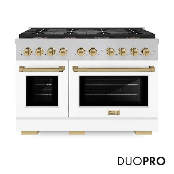Autograph 48 in 6.7 cu. ft. Dual Fuel Range with 8-Burner Cooktop and Dual Ovens in Satin with White Matte and Champagne