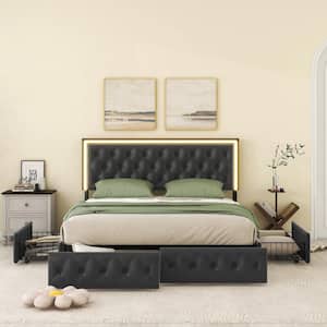 Button-Tufted Black Metal Frame Queen Size PU Leather Upholstered Platform Bed with LED Lighted Headboard, 4-Drawer