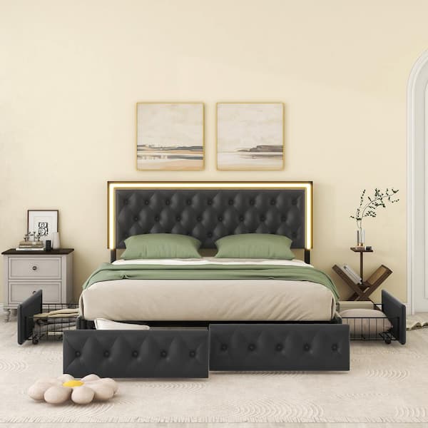 Harper & Bright Designs Button-Tufted Black Metal Frame Queen Size PU Leather Upholstered Platform Bed with LED Lighted Headboard, 4-Drawer