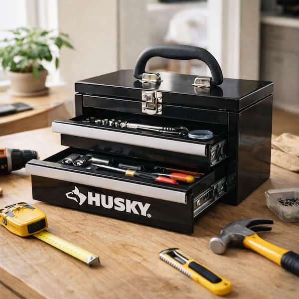 Husky 10 in. Black Metal Mini Portable Tool Box with 2 Drawers 410