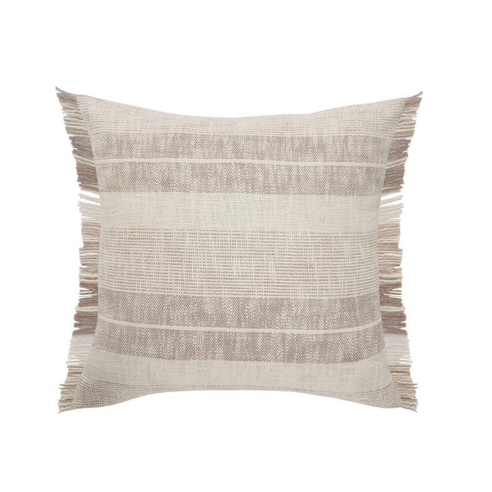 Angelica Beige / Cream Striped Fringed Casual Soft Poly-fill 20 in. x 20 in