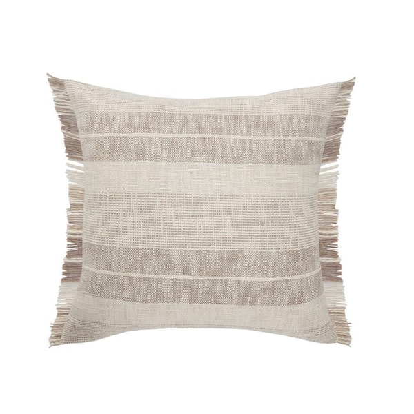 Unbranded Angelica Beige / Cream Striped Fringed Casual Soft Poly-fill 20 in. x 20 in. Indoor Throw Pillow