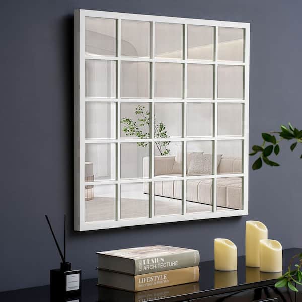 Unbranded White 27 in. W x 27 in. H Art Deco Square MDF Framed Mirror Wall Mirror Bathroom Mirror