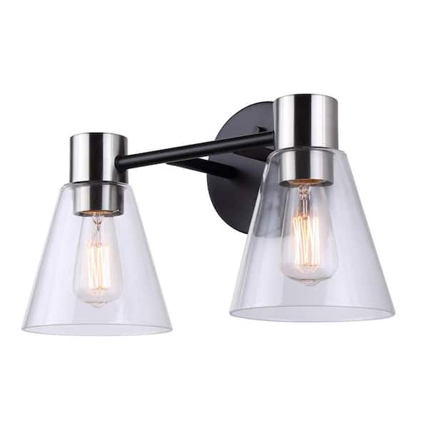 CANARM Davina 14.5 in. 2-Light Matte Black Vanity Light with Clear Glass Shade