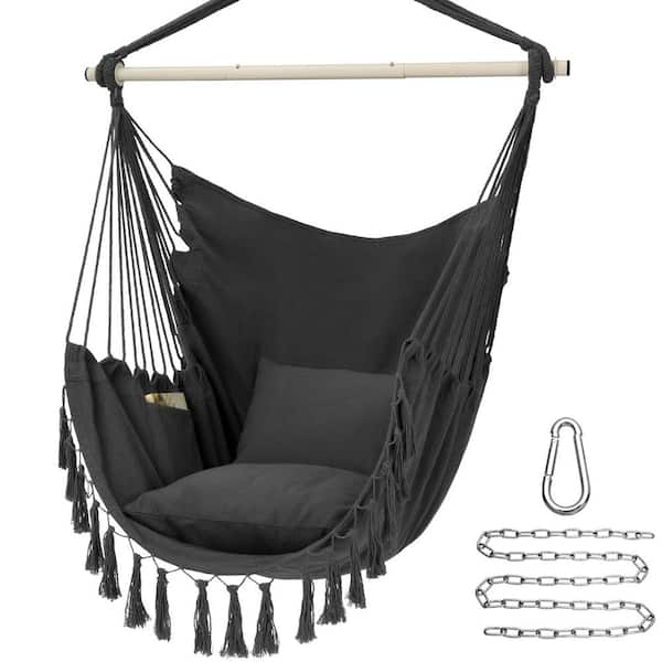 Angel Sar 3.15 ft. Portable Hanging Rope Swing Hammock Chair with Pocket and 2 Cushions, Dark Gray