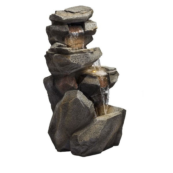 40 in. Tall Outdoor 3-Tier Rock Waterfall Fountain with LED Lights, Gray
