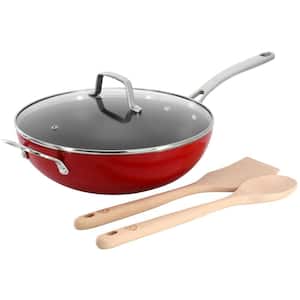 12 Inch 5 qt. Aluminum Nonstick Essential Pan with Lid and Beech Wood Utensils in Red