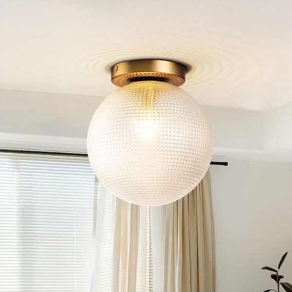 Corder 9.8 in. 1-Light Gold Modern Bubble Flush Mount with Checkered Glass Globe Shade for Dining/Living Room Bedroom