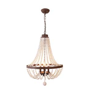 4-Light Rustic Black Finish White Wood Beaded Chandelier with Adjustable Chain