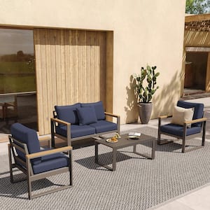 Outdoor 4-piece Aluminum Patio Conversation Sets Outdoor Furniture with Coffee Table and Dark Blue Cushions