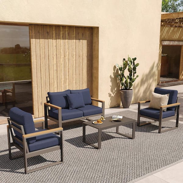 AURA OUTDOOR Outdoor 4-piece Aluminum Patio Conversation Sets Outdoor Furniture with Coffee Table and Dark Blue Cushions
