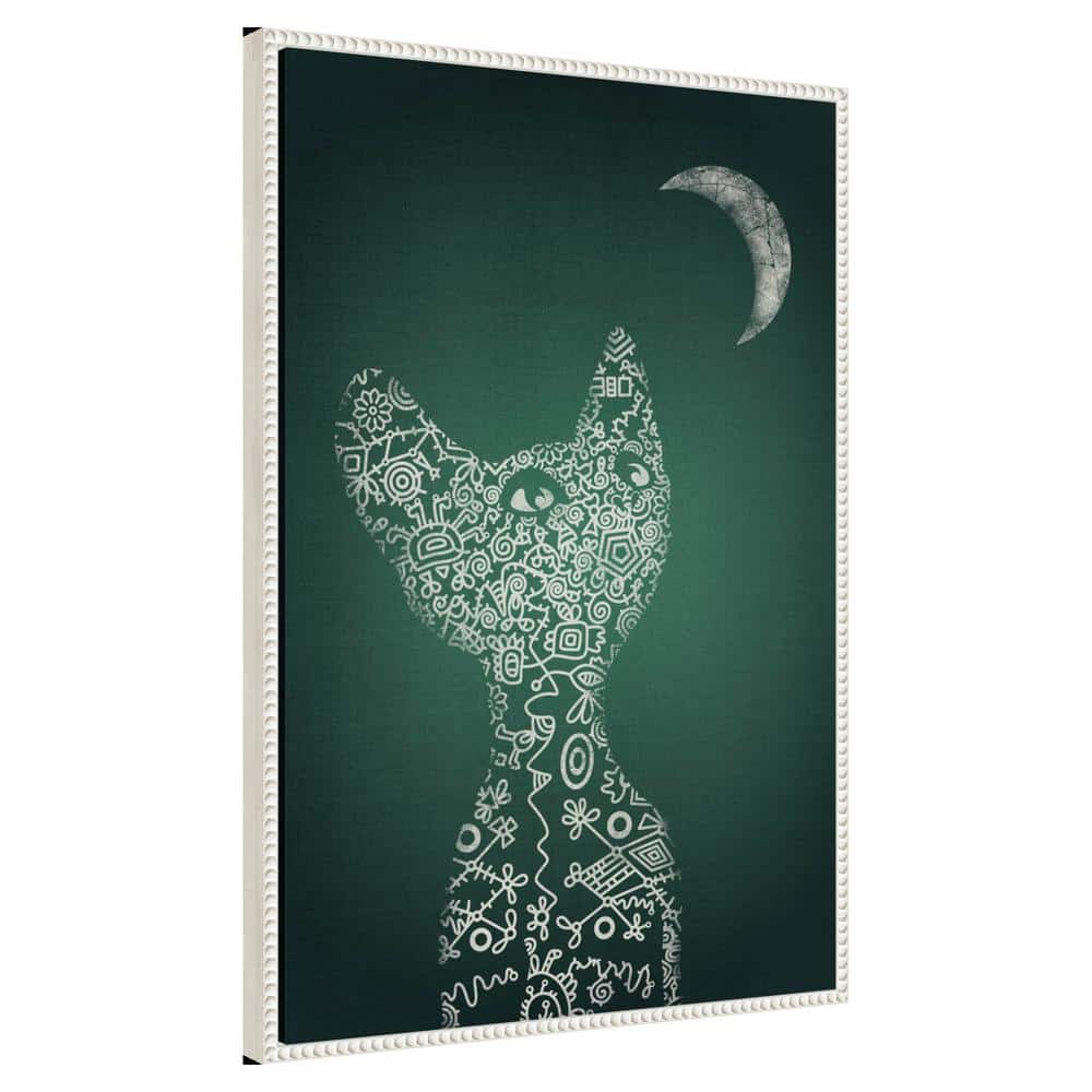 Emerald Abstract Cat and Moon Beaded Canvas Wall Art