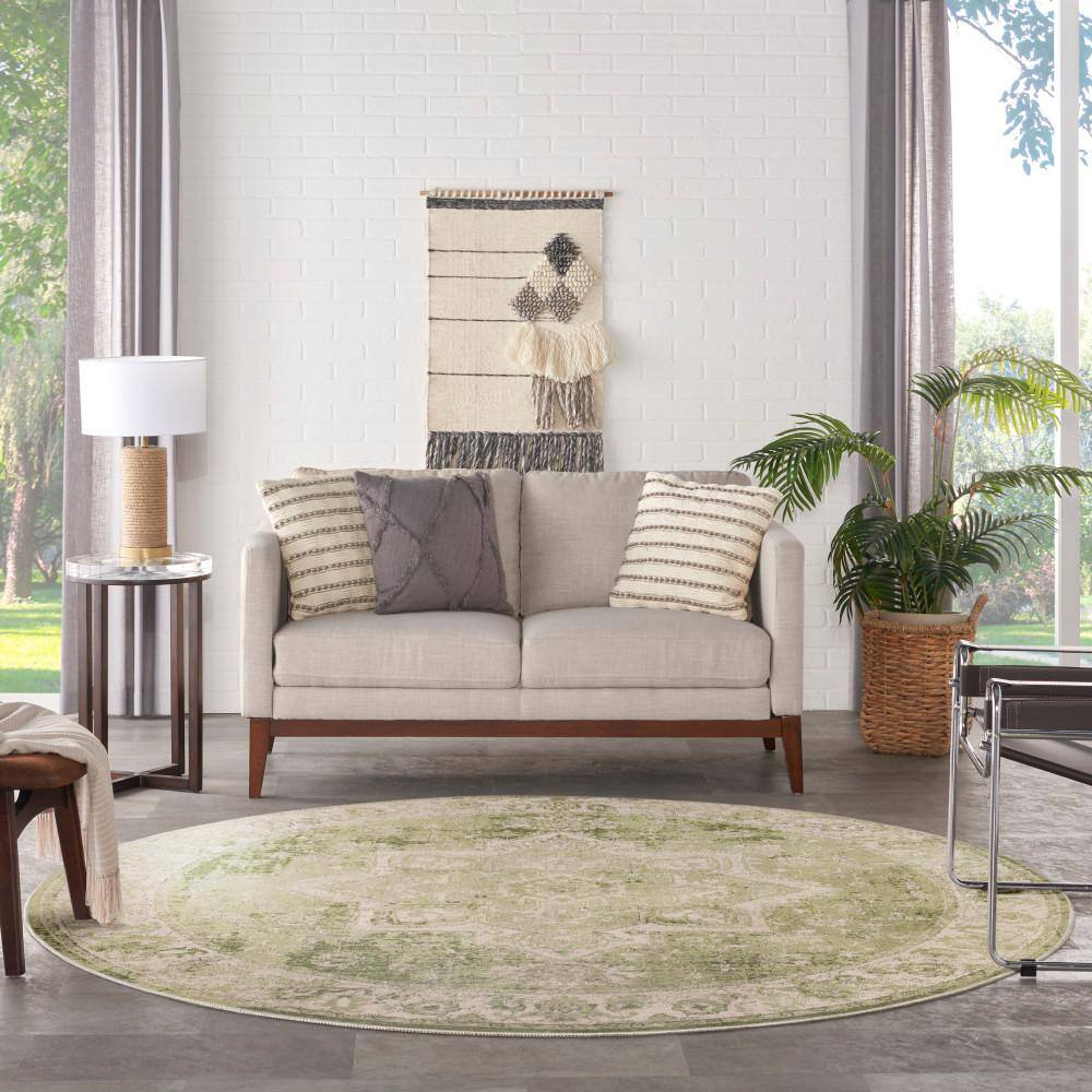 Ivory Green Round Synthetic Medallion Washable Rug 5'3"