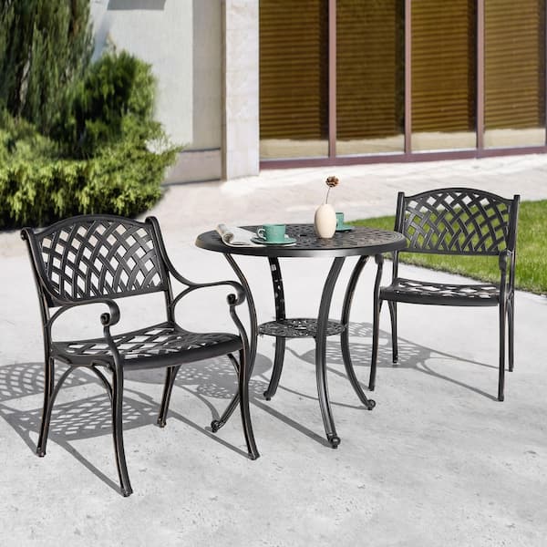 3-Piece Cast Aluminum Outdoor Bistro Set and Round Table Set with Umbrella Hole in Black with Gold-Painted Edges