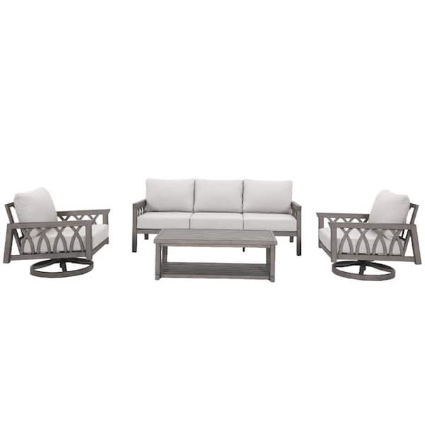 4-Piece Limed Oak Gray Aluminum Patio Conversation Set 2 Swivel Armchairs 3 Seat Sofa and Side Table with White Cushions